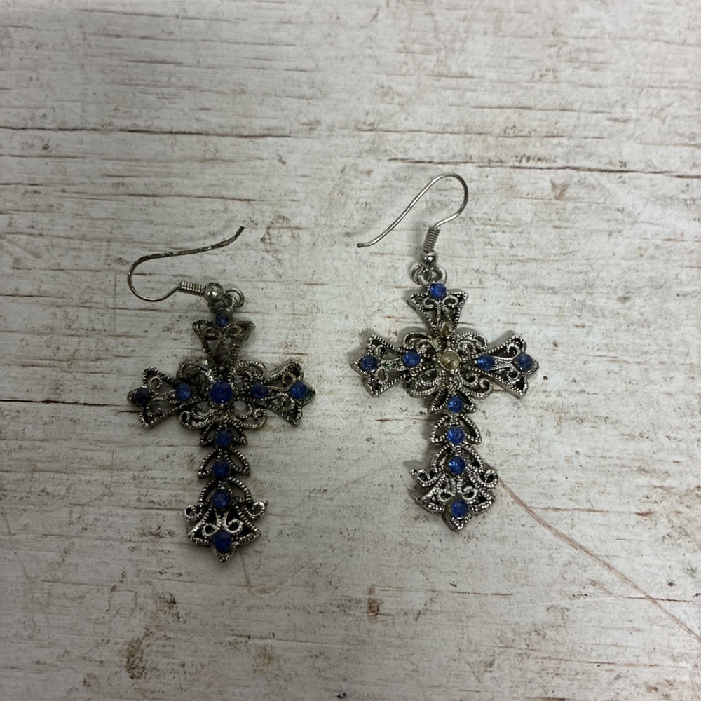 Vintage Silver Tone  Marcasite Rhinestone Cross Drop& Dangle Earrings Cross